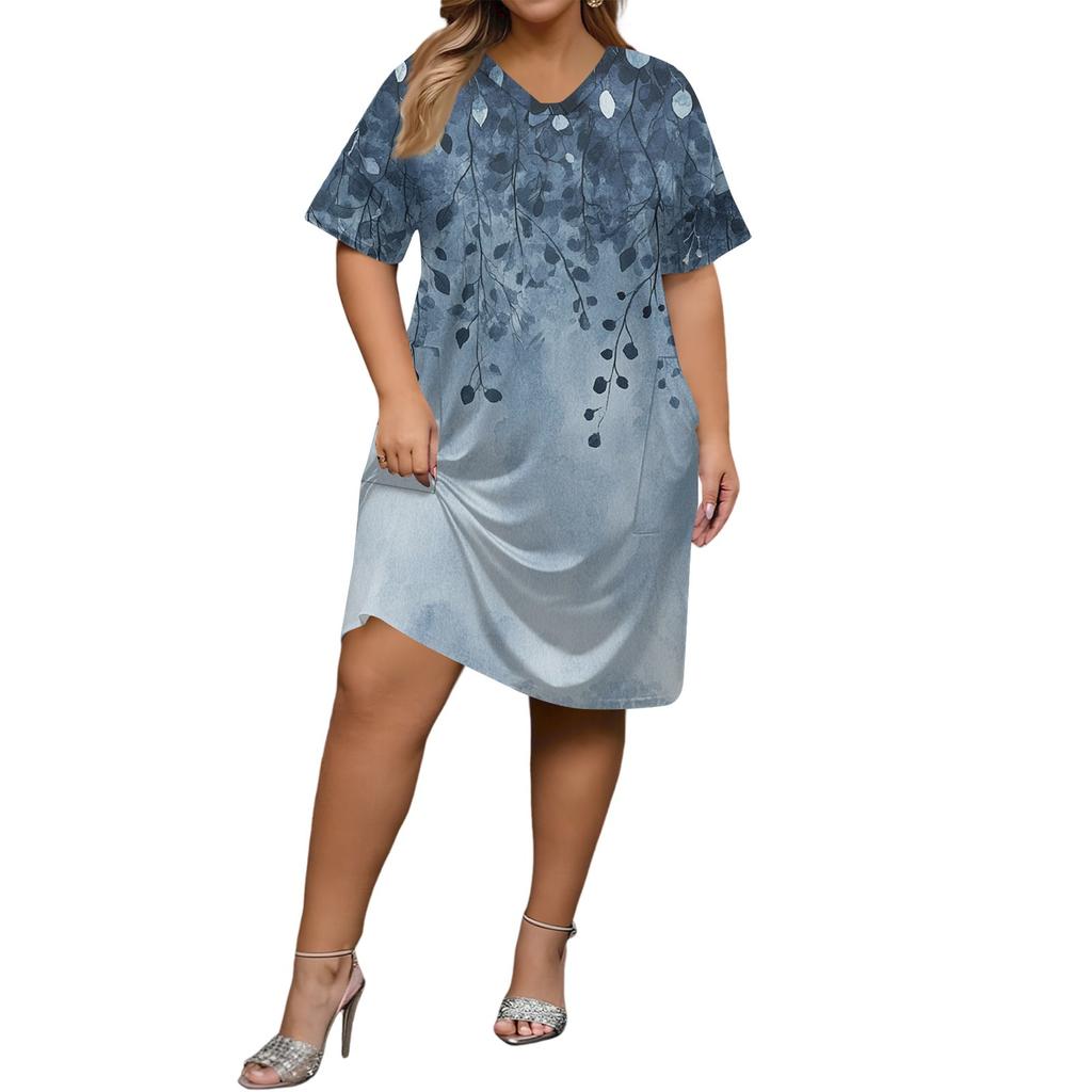 Summer Plus Size V Neck Short Sleeve Knee Pocket  Print Casual Dress For Women
