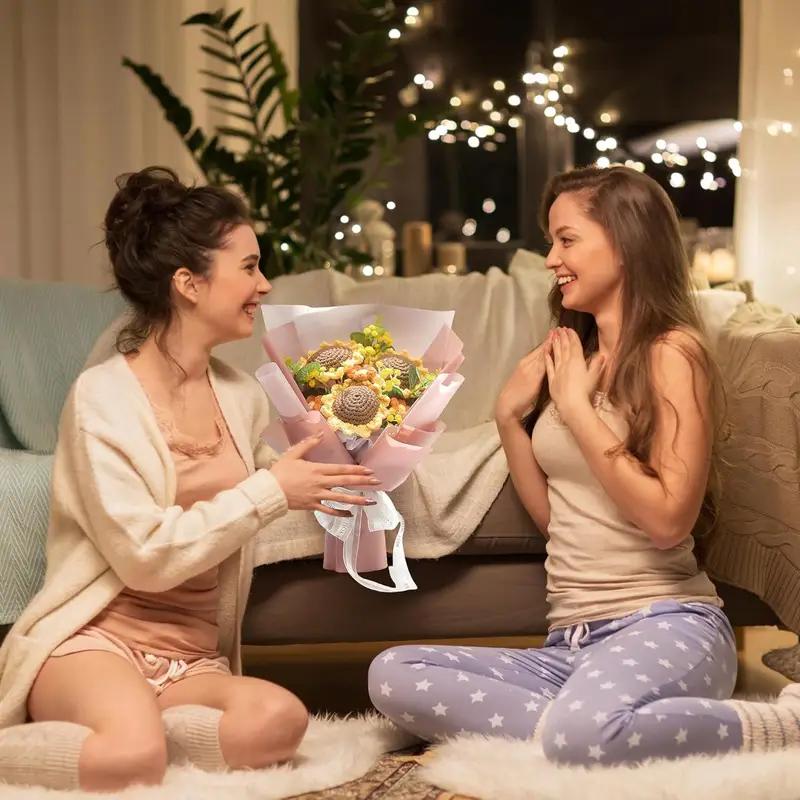 6Pcs Handmade Crochet Sunflower, Handmade Knitted Flowers, Artificial Woven SunFlowers Best For Teacher's Day, Graduation Gfit