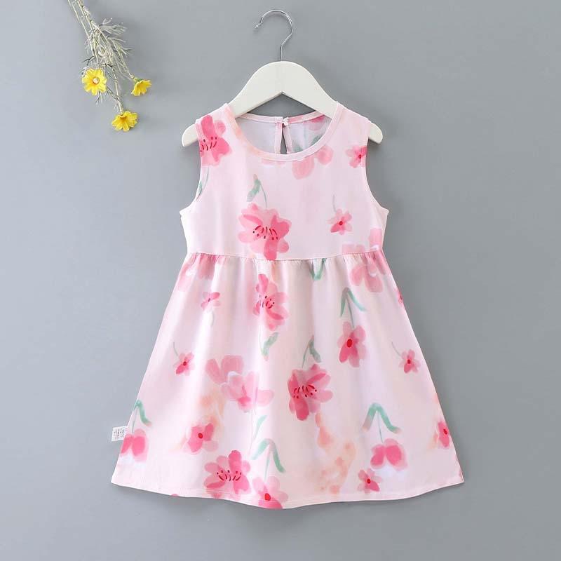 Girls' Floral Summer Princess Beach Dress, Cotton Silk Tank, A-line Skirt