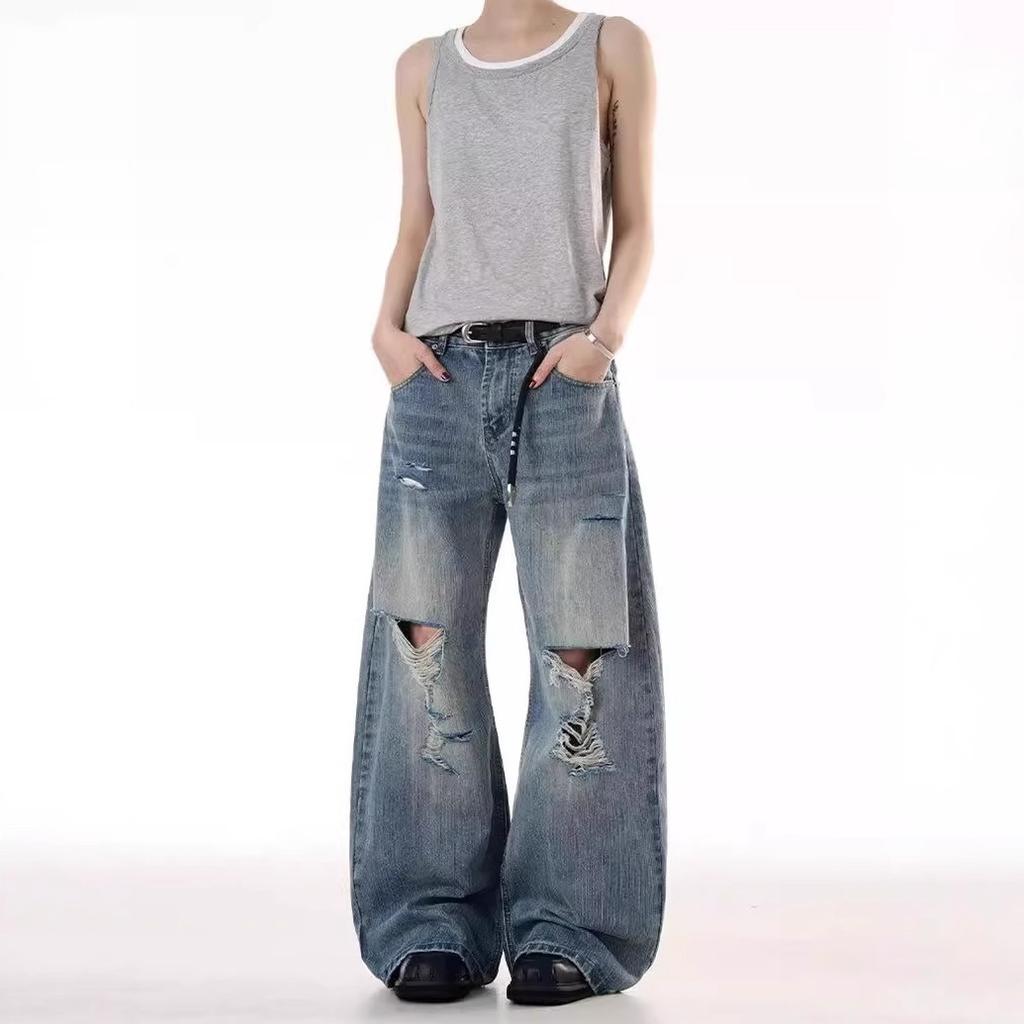American Retro Washed Bamboo Pattern High-end Ripped Jeans Men's and Women's Summer New Loose Wide-leg Trousers