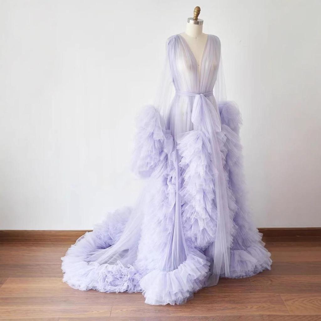 Cross-border Maternity Tulle Evening Gown with Ruffles and Shawl Cape