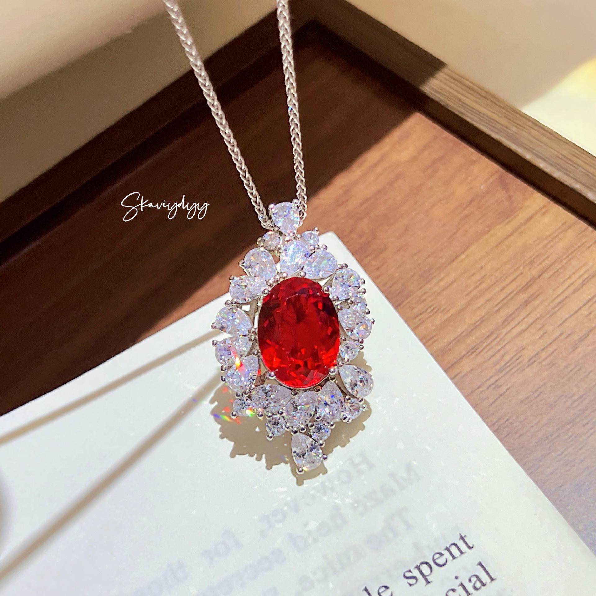 Elegant Pigeon Blood Red Stone Pendant & Full Diamond Teardrop Earrings for Women