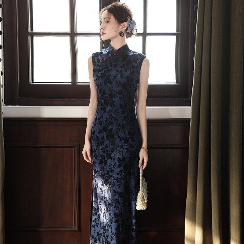Blau ärmellos nationaler Stil neu Chinesisch täglich Suzhou langer Cheongsam verbessert jung 1011 neu Damen hoher Sinn