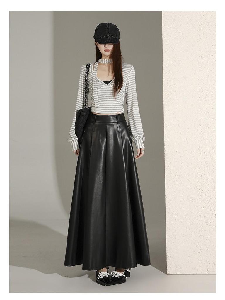 Women's High-End Retro Black PU Leather Pleated Midi Skirt - New Autumn/Winter Slim Fit, Large Swing Umbrella Style