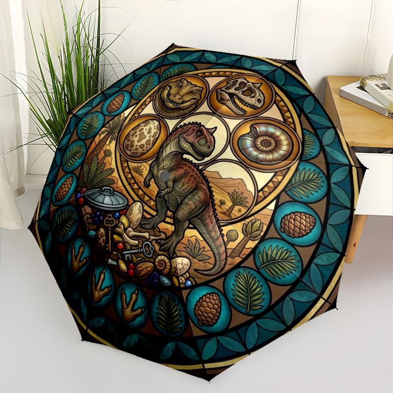 Dinosaur Glass Art Pattern Umbrella, Portable and Foldable Design, 8 Ribs, a Casual Accessory for Halloween, Christmas, and Birthday Gifts.