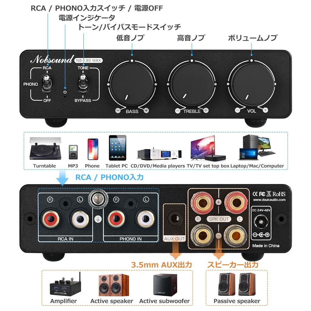 Douk Audio NS-13G MAX HiFi Mini 2.0CH Stereo Audioverstärker mit MM PHONO Equalizer, Class D Kompakter Leistungsverstärker, Phono-Eingang, 300W x 2