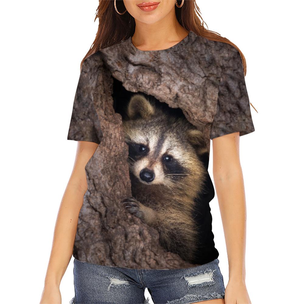 Letní dámské tričko s kulatým výstřihem a 3D potiskem zvířat, módní ležérní s krátkým rukávem