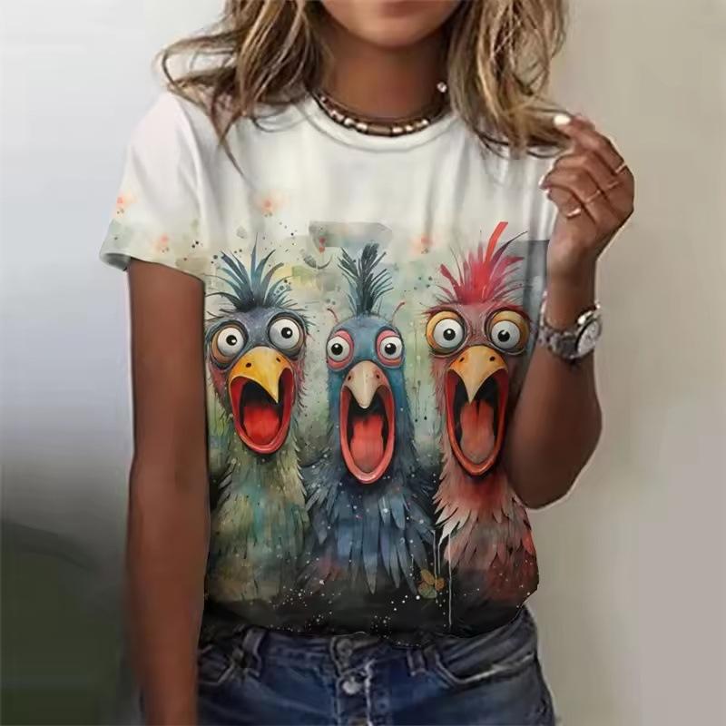 Summer Fashion Round Neck Short Sleeved Top with Cute Chicken Pattern Printed Women’s T-shirts