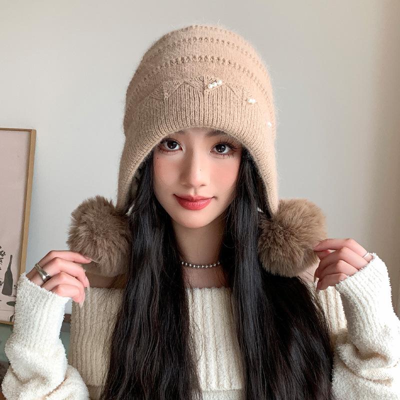 Autumn and Winter Rabbit Hair Hat for Women Pearl Lace Wool Ball Knitted Wool Hat for Winter Warmth and Cold Protection Ear Protection Hat Trend