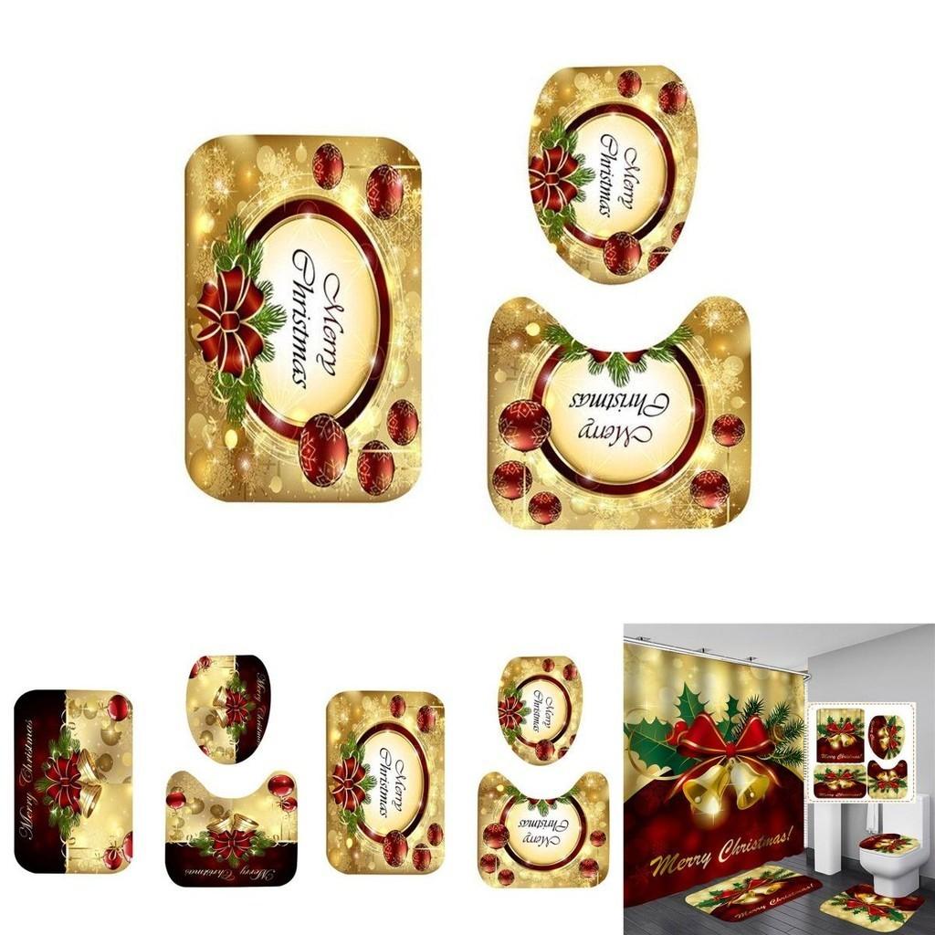 Luxurious Christmas Shower Curtain Toilet Seat Cover Mat Set For Festive Bathroom Decor