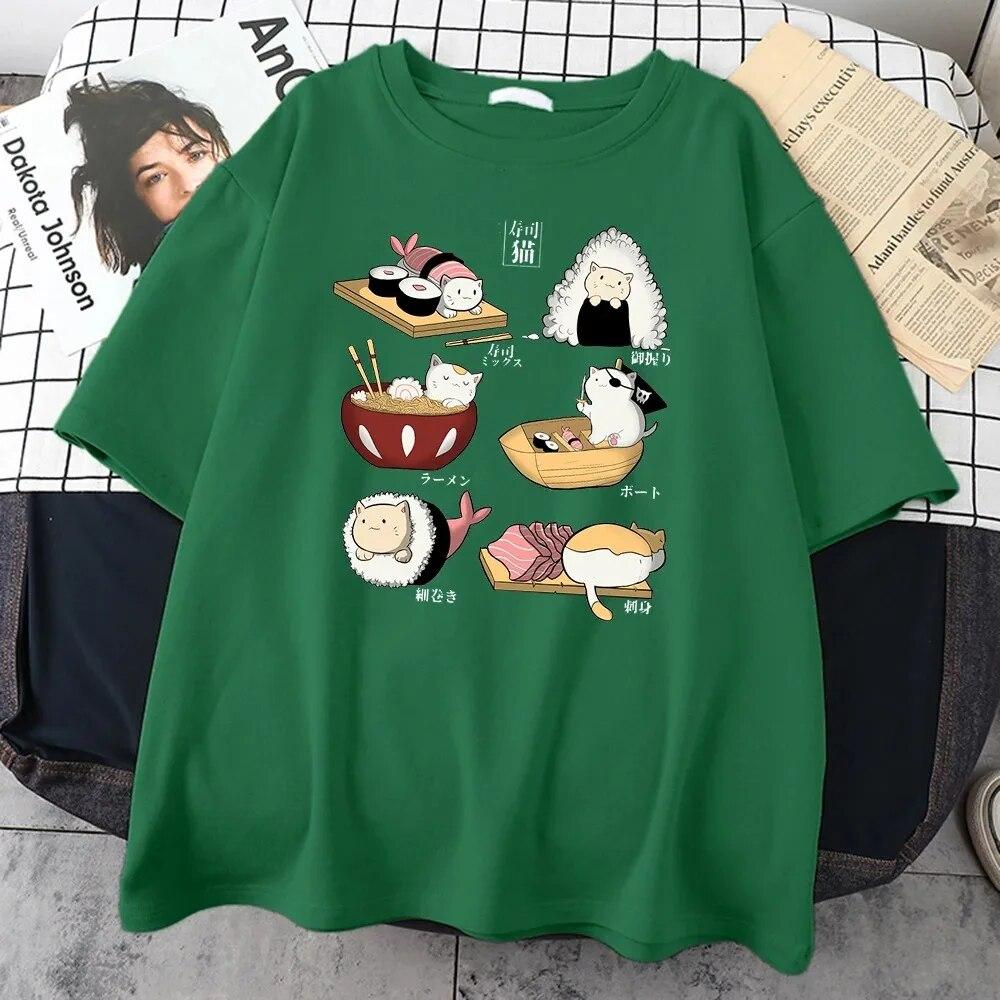 Unisex Summer Cotton Short-sleeved Gourmet Cute Cat Sushi Cartoon Style Harajuku Casual Full Math Oversized Fashion T-shirt