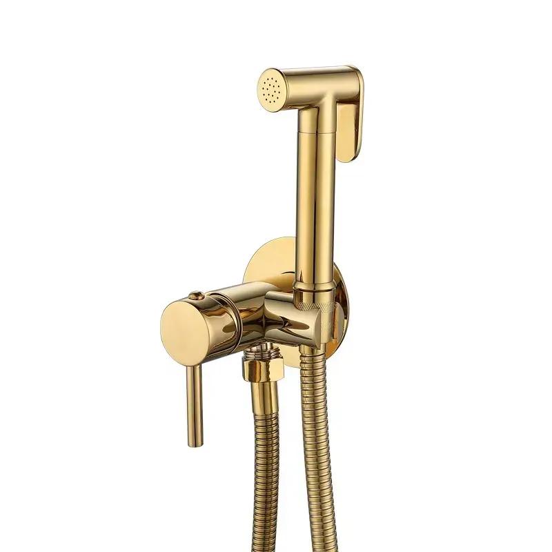 Brushed Gold Hot and Cold Bidet Sprayer Attachment Kit Pressure Adjustable T-valve Brass Hand Held Bidets Shattaf