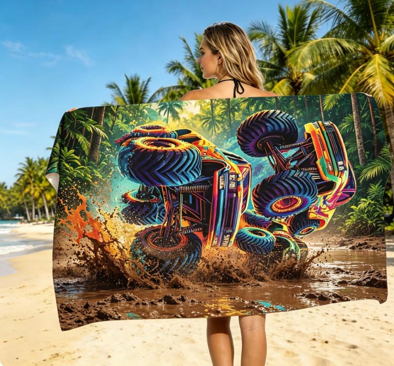 Lebendiges Monster Truck Strandtuch, Mikrofaser Sandfrei Schnelltrocknend, Neon Off-Road Druck, Weich Saugfähig für Jungen & Sommer Pool