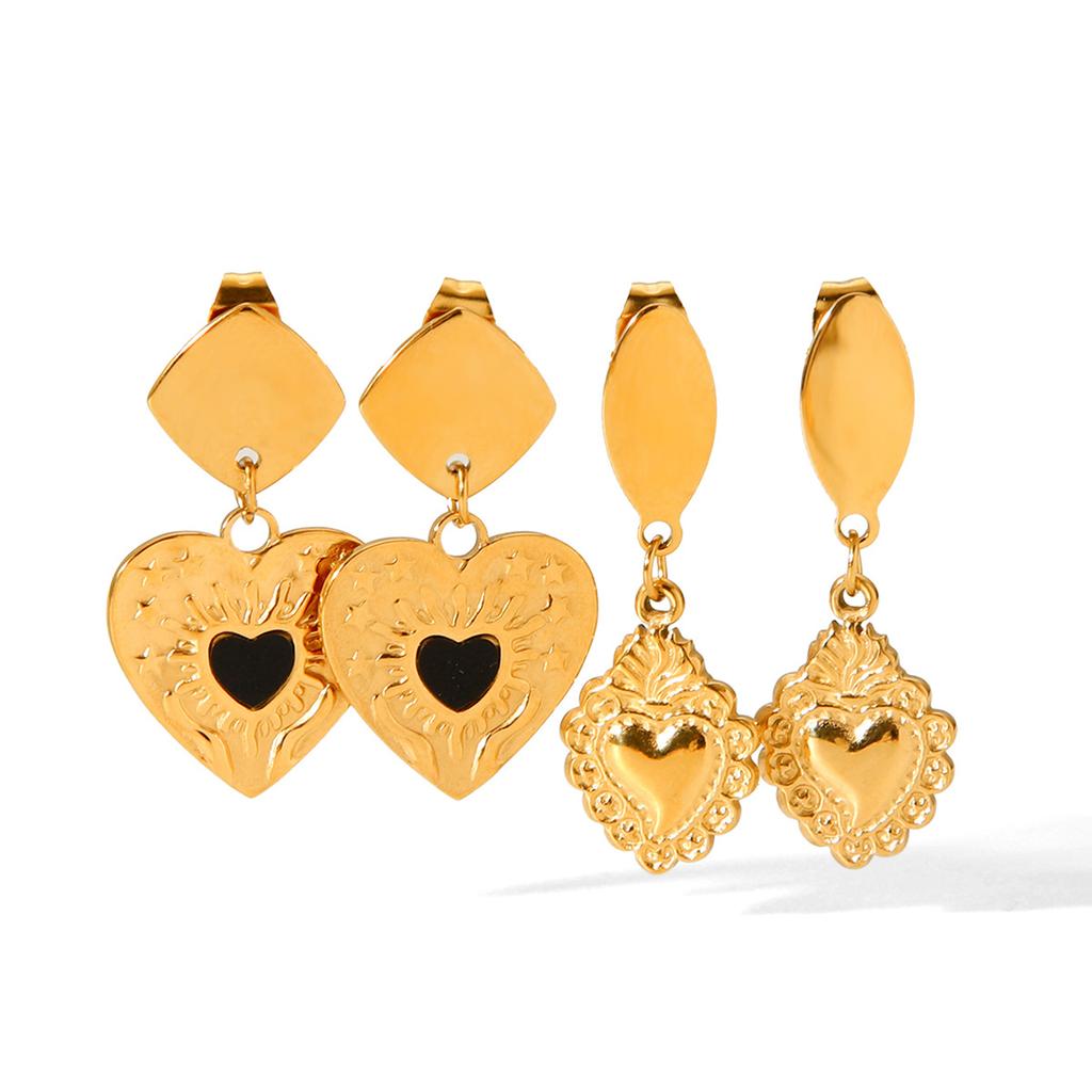Euro-American Fashion Stainless Steel Heart Relief Pendant Earrings 18K Gold Non-Fading Retro Heart Titanium Steel Studs