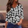 Women's V Neck 3/4 Sleeve Loose Fit Casual Shirt Floral Print Lightweight Blouse for Everyday Wear