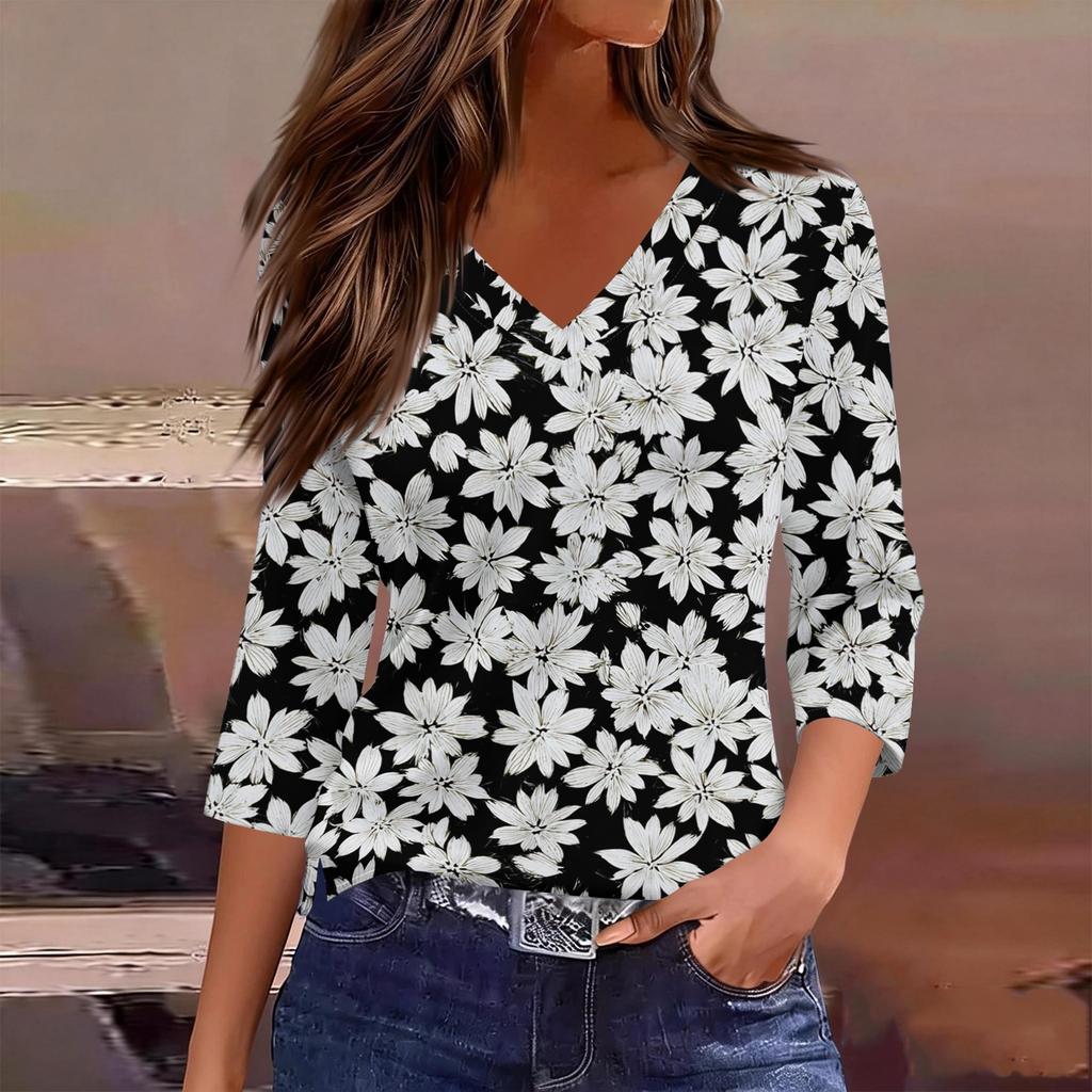 Women's V Neck 3/4 Sleeve Loose Fit Casual Shirt Floral Print Lightweight Blouse for Everyday Wear