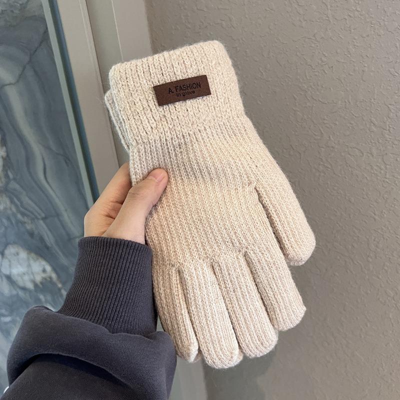 

Solid color knitted wool gloves, winter male and female couples, thickened warm and cold-proof, students can ride outdoors one size fits all бежевий
