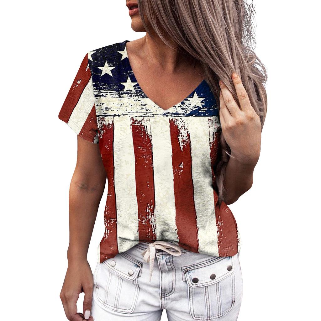 Summer Women Floral Print V Neck Short Sleeve Loose 3D T Shirt