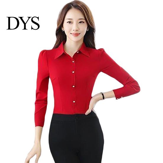 Office Shirt Commute Women Slim Fit Single-breasted Dignified Enhance Beauty Image Top Polyester Solid Color Long Sleeve Formal for Workplace