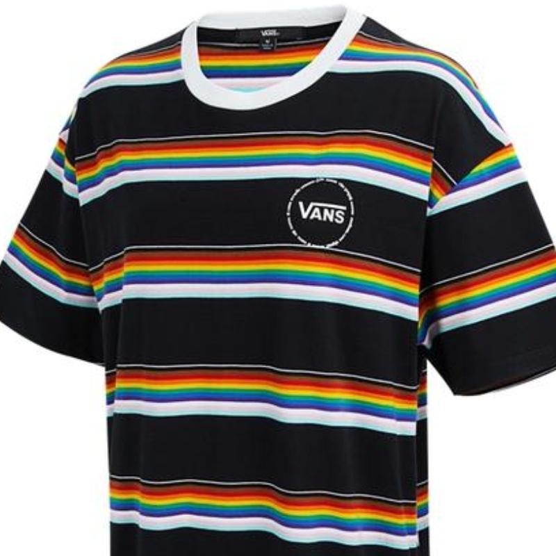 Vans Logo Print Color Block Striped Round Neck Short Sleeve Dress Women Dresses Black VN0A7RKOBLK