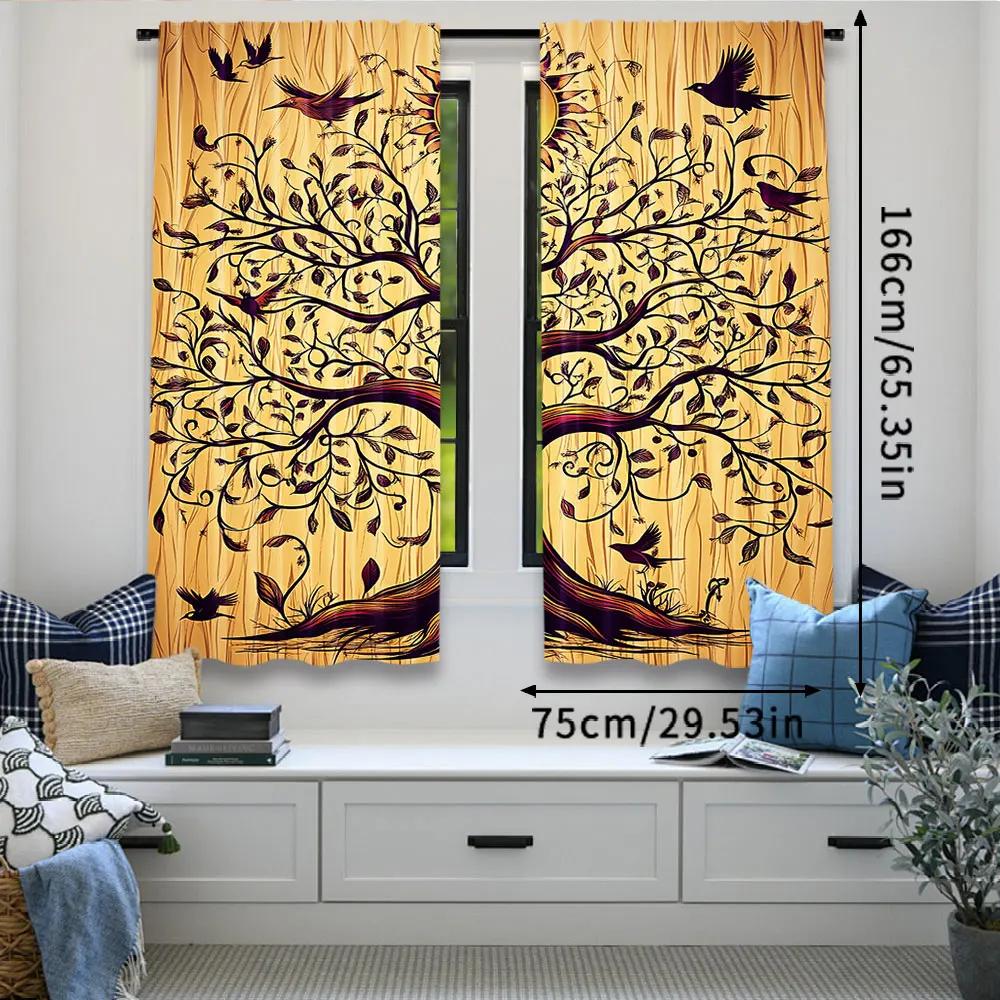 2Pcs Ethnic Curtain Vintage Tree Of Life Sun And Birds Animals On Branches Enchanted Suitable For Bedroom Living Room Dining