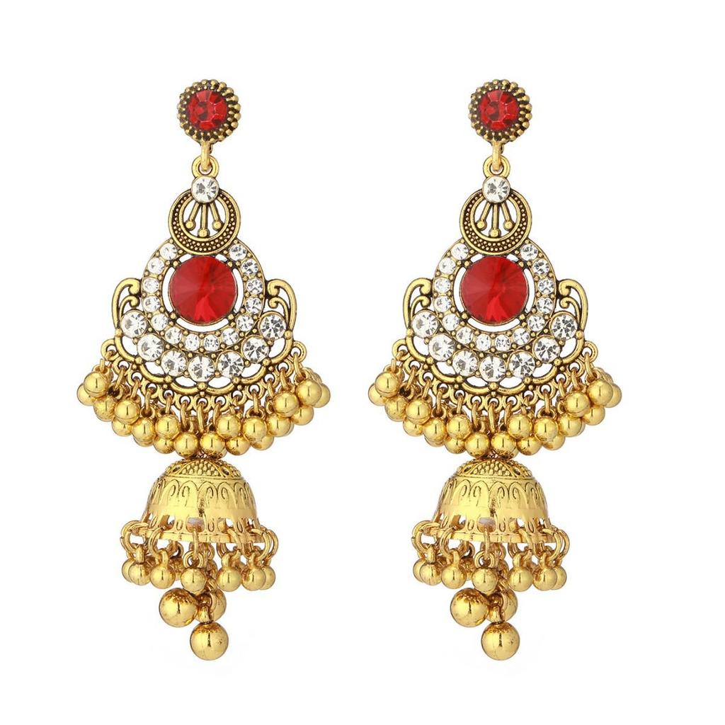 Indian-Style Long Earrings with Rhinestones, Beads, Bells, and Tassels