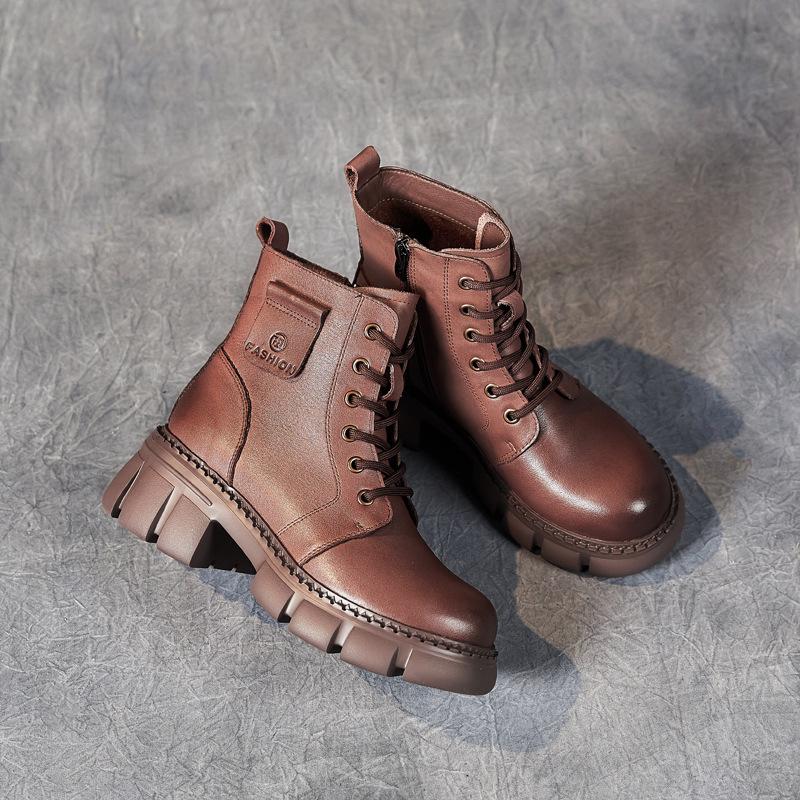 The first layer of cowhide Martin boots for women's 2025 autumn and winter new velvet thick-soled retro British style leather short boots for children