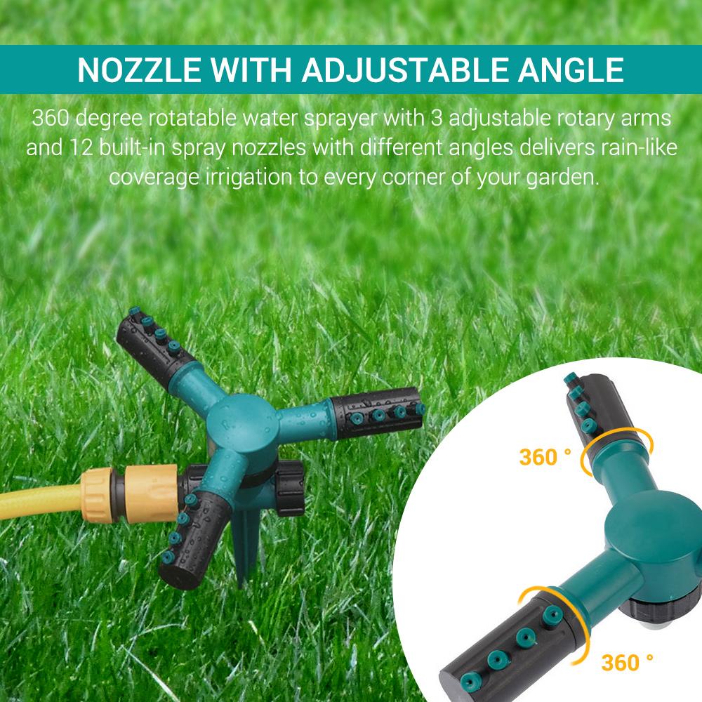 360 Degree Rotating Sprinkler, 3   Arms with 12 Spray Nozzles and Plastic Ground Plug, for Garden Lawn Yard Irrigation Watering