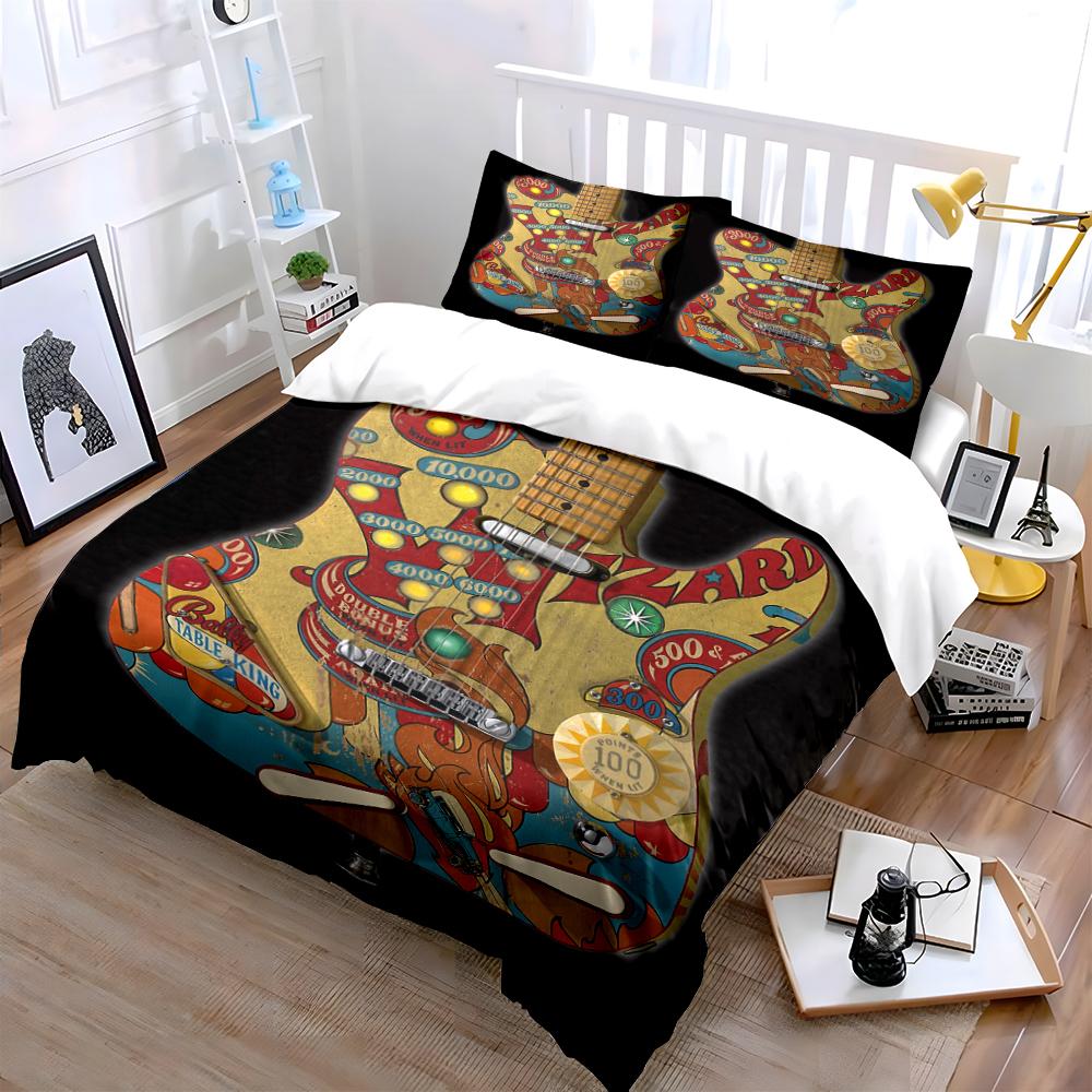 Retro Pinball Guitar Printed Bedding Set Bedding Set (1 Duvet Cover, 2 Pillowcases, Duvet Not Included)