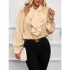 women's Solid Color Satin Lapel Collar Ruffle Layered Long Sleeve Cuff Detail Casual Blouse Shirt Top