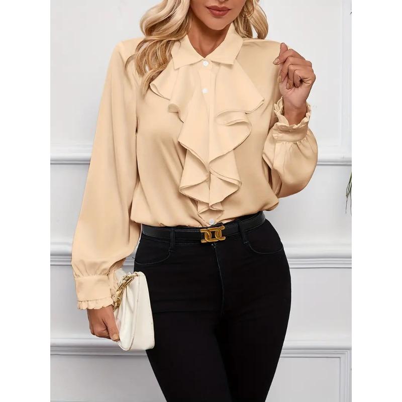women's Solid Color Satin Lapel Collar Ruffle Layered Long Sleeve Cuff Detail Casual Blouse Shirt Top
