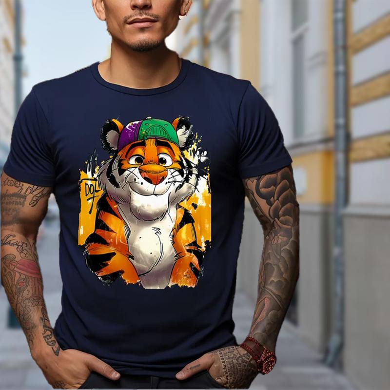 New Summer Men's Fashion T-shirt Personality Cartoon Tiger Printed Men's T-shirt Top