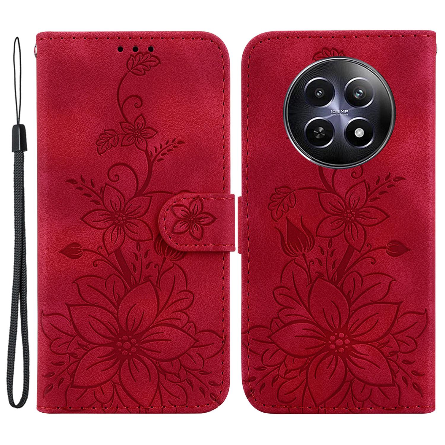 

For Realme 12 5G/12x 5G Case Wallet Flower Imprint Phone Cover with Foldable Stand Red