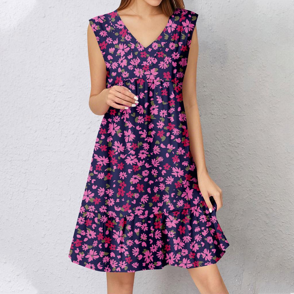Womens Summer Dress Sleeveless V Neck Printing Short Dresses Fashion Casual Flowy Boho Ruffle A Line Swing Sundress