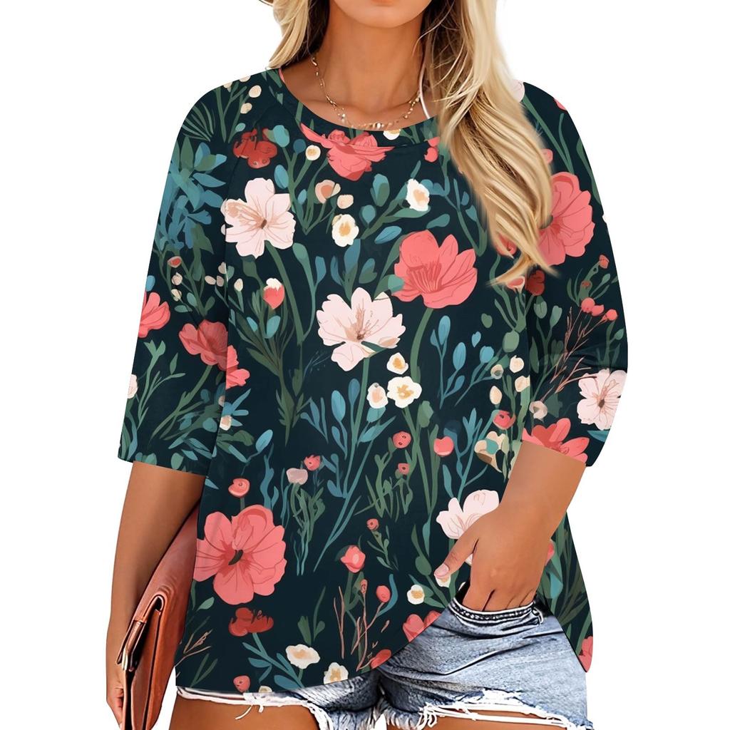 Women's Fashion Casual Print Round Neck 3/4 Sleeve T-Shirt Top