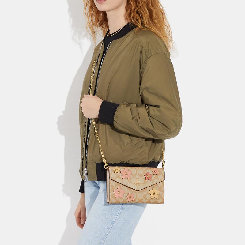 Coach Envelope 21 Floral Decorated Flap Chain Leather Clutch Women clutch Khaki CH361-IMOT4