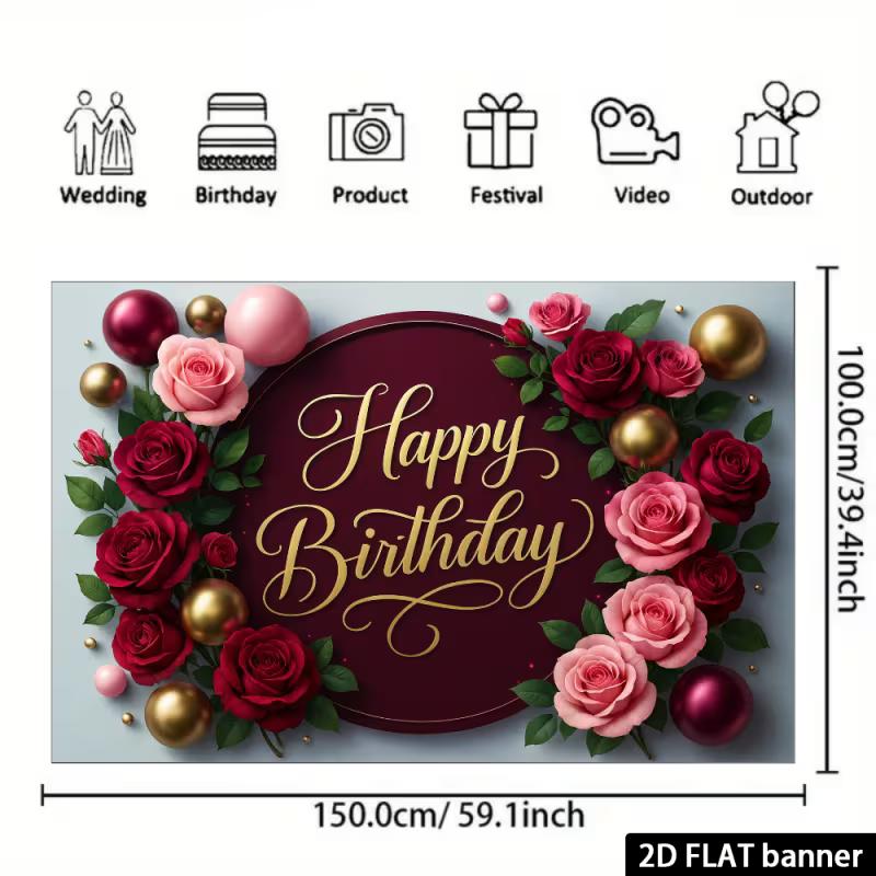 2D Burgundy Gold Birthday Backdrop - Luxury Floral Banner for Adult Birthday Photoshoot