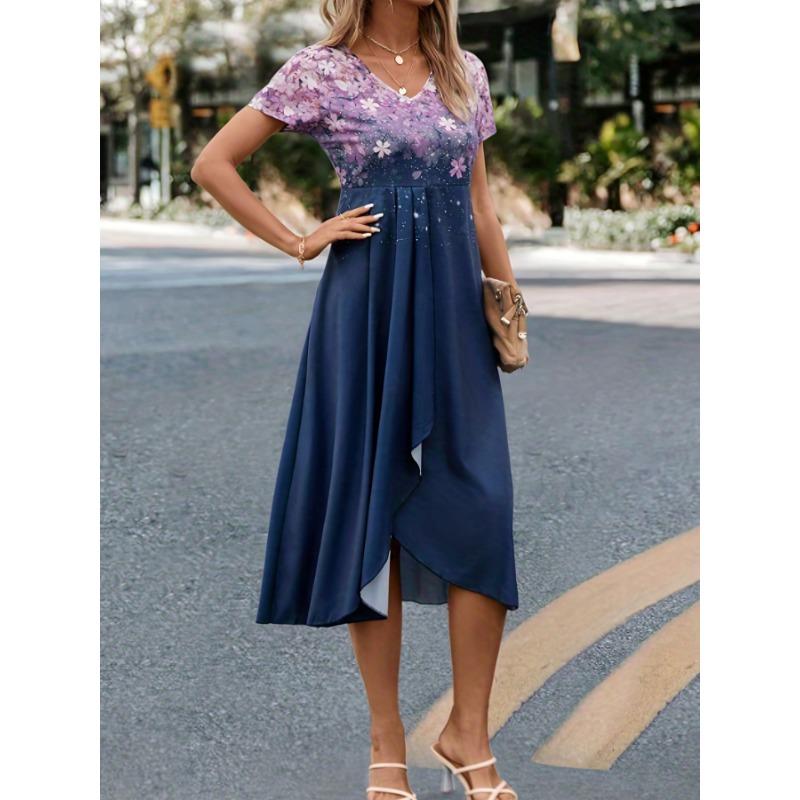 Rochie elegantă mărimi plus, rochie maxi pentru femei, cu mâneci scurte, cu decolteu în V, cu imprimeu floral, cu detalii pliate