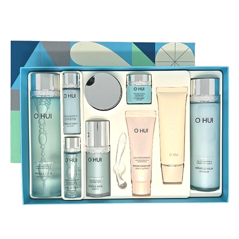 Ohui Miracle Aqua 9-Piece Special Set | Hydrating Korean Skincare Gift Box with Toner, Emulsion, Essence, Gel Cream, Cleanser, and Hand Cream