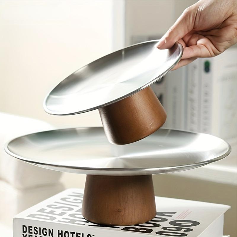 Stainless Steel Cake Tray Wooden Base Fruit Display Plate Dessert Plate Dining Table Home Decoration Ornaments