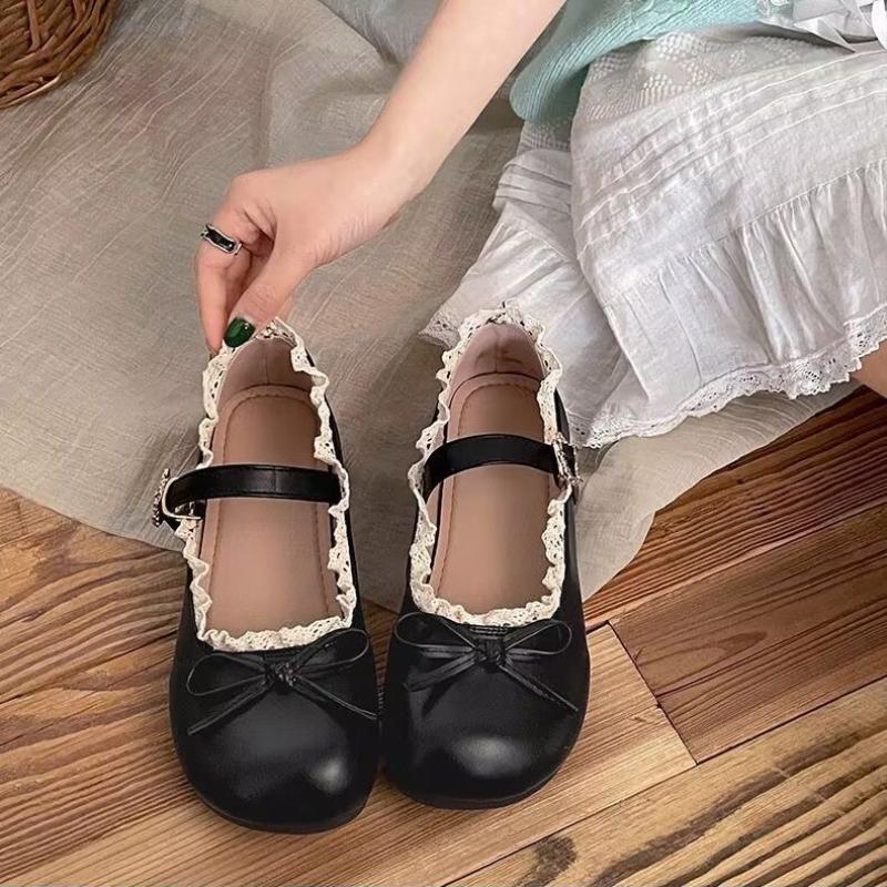 Cute Round Toe With Bow Ladies Footwear Retro Women's Flat Mary Jane Shoes Fashionable 2025 Trend Social 39 Elegant Dress Shoe