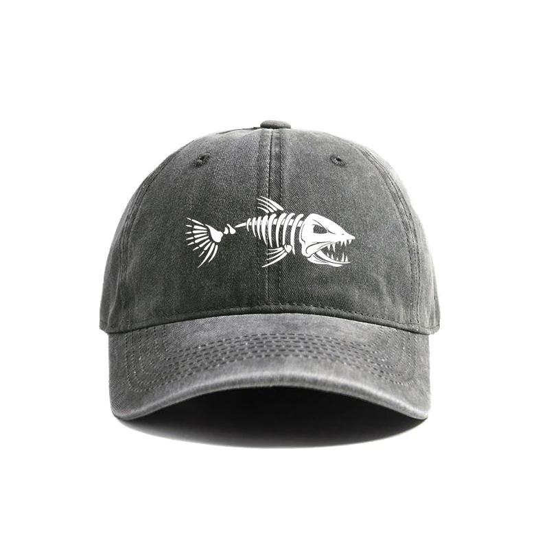 White Fishbone Printed Baseball Cap, Vintage Style, Fashionable and Versatile for Both Men and Women