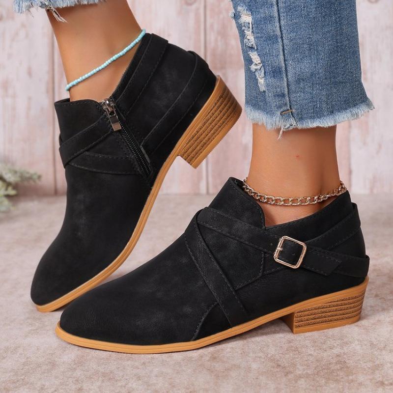 Roman Retro Short Boots Autumn and Winter New Large Size Thick Heel Round Head and Bare Boots