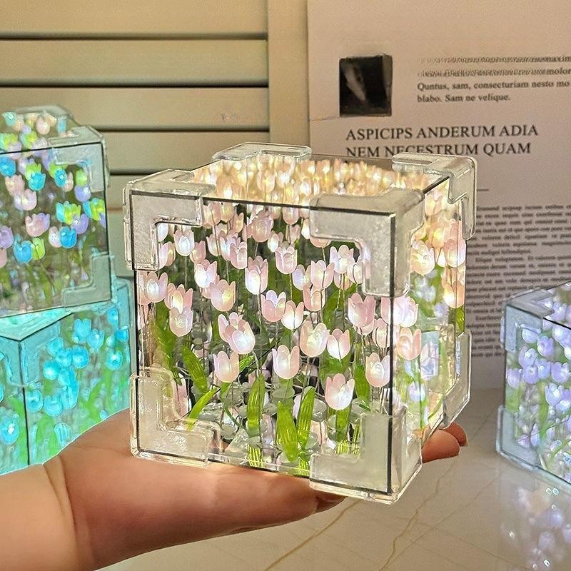 Lumină de noapte Marea Florilor de Lalele Lucrată Manual DIY Pachet Material Lampă Lalea Oglindă Tridimensională Decorațiune Creativă Ornament Ornament Cadou Cuplu Student