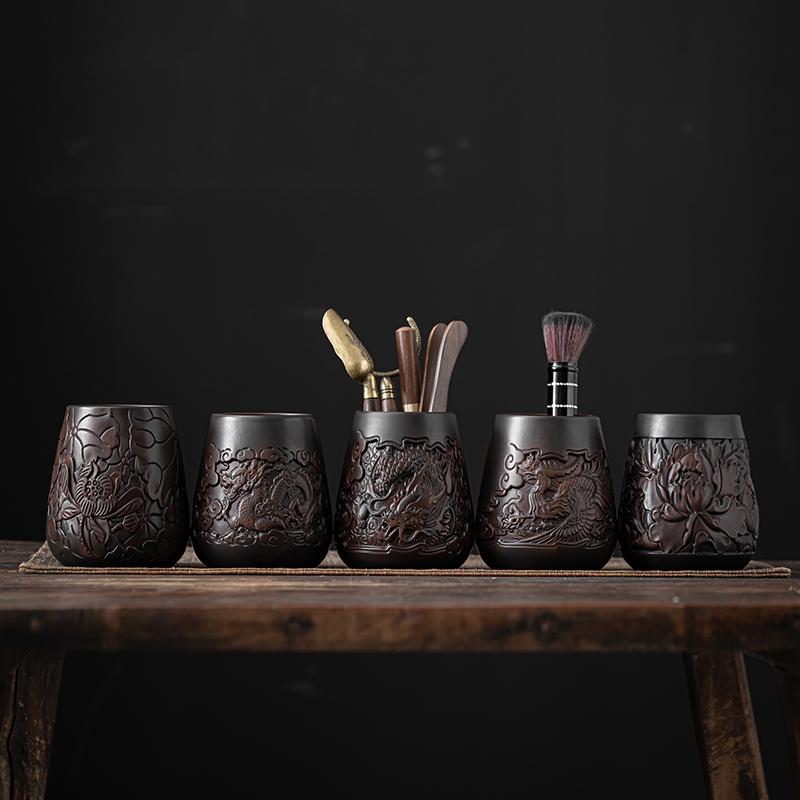 High-end Purple Pottery Tea Ceremony Six Gentlemen  Hand Carving Pottery Blackwood Solid  Kung Fu Tea Set Accessorie