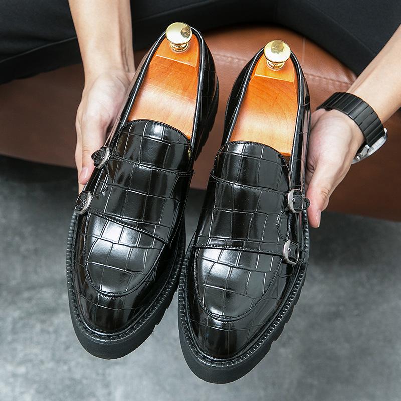 Men's 2023 Patent Leather Double Buckle Loafers with Thick Heel and Sole