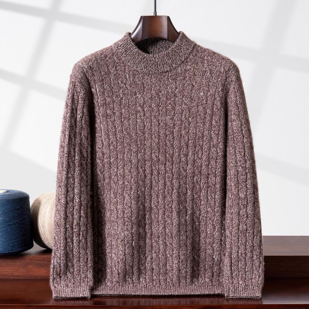 Men's Cashmere Yarn Half-High Collar Cable Knit Loose Casual Sweater - Thick, Warm, Long Sleeve for Winter