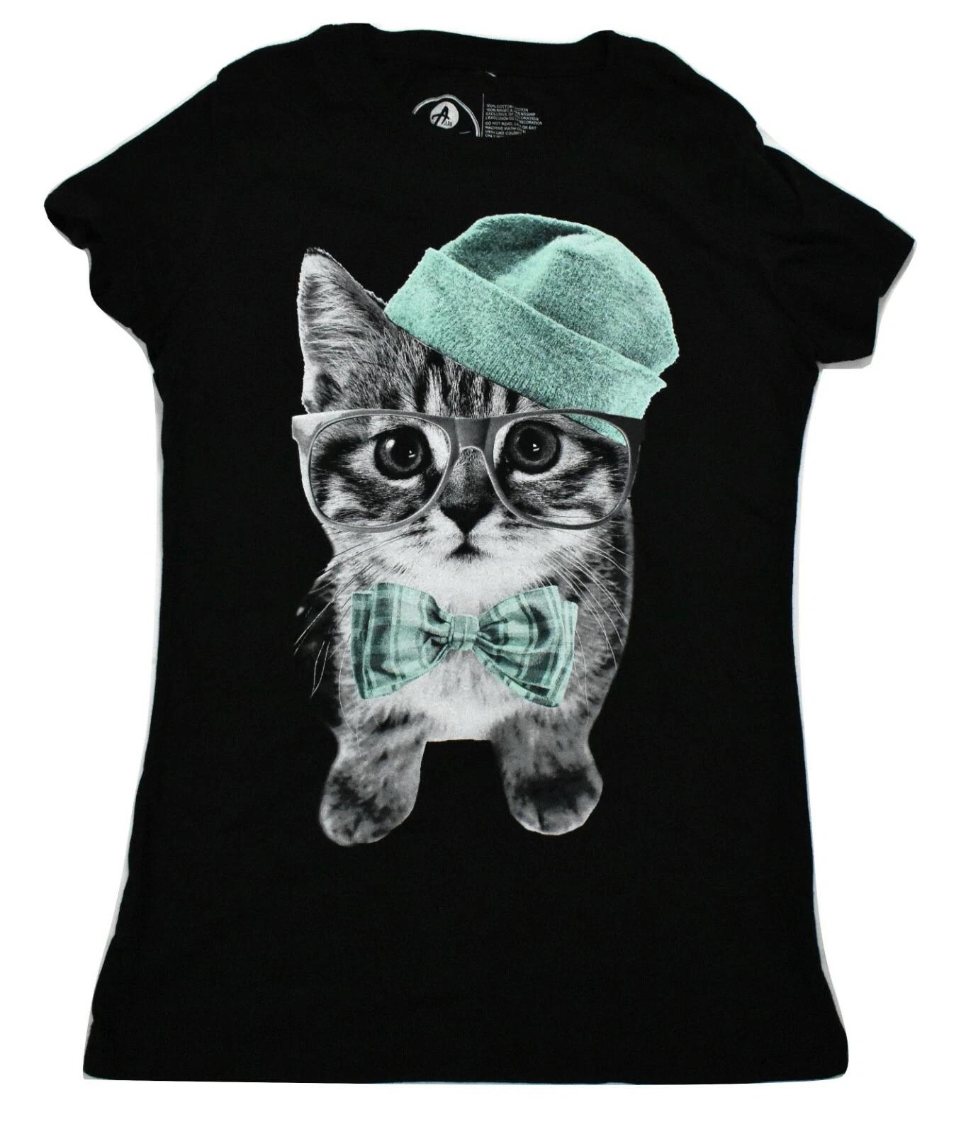 

A-Lab Juniors Kitten Cat Wearing Beanie & Tie Funny Black Shirt New Small 3XL