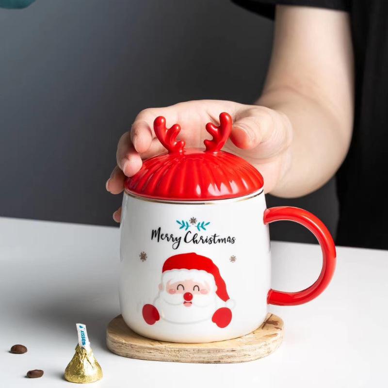 

Christmas ceramic cup hand-painted husband cup large capacity with lid mug cup gift white porcelain 401-500ml білий