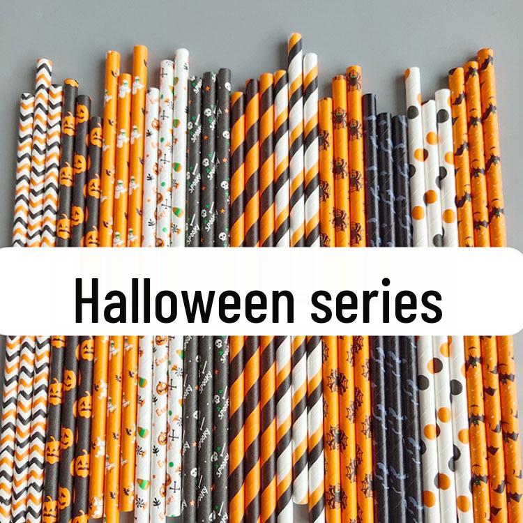 Biodegradable Halloween Paper Straws with Skull and Pumpkin Design